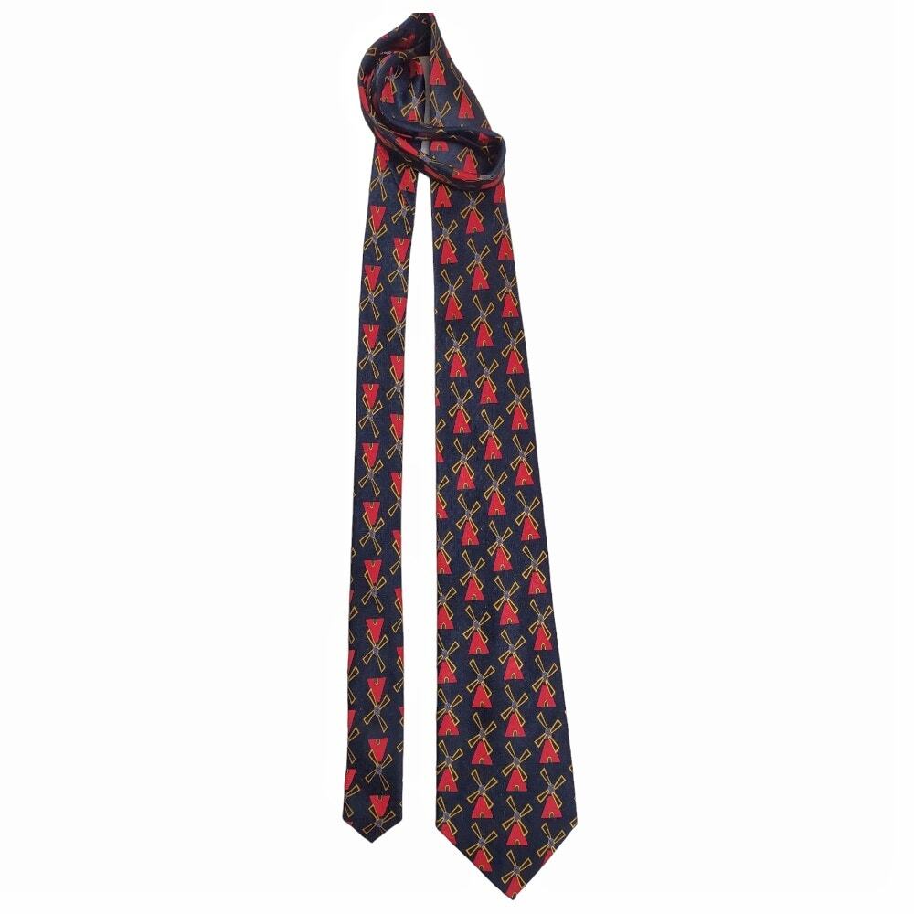 Mens 100% Silk Tie Black Red Gold Windmill Tie Professional Business Accessories
